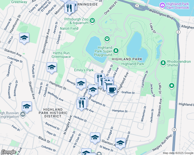 map of restaurants, bars, coffee shops, grocery stores, and more near 5637 Elgin Street in Pittsburgh