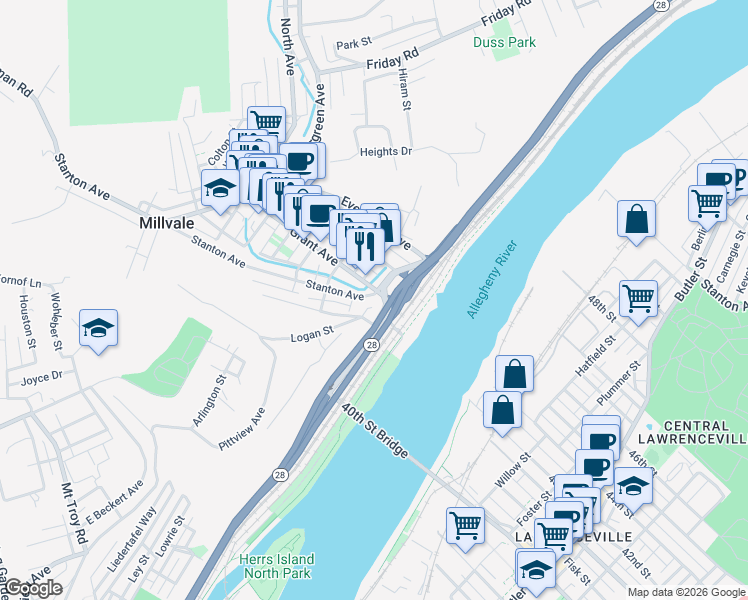 map of restaurants, bars, coffee shops, grocery stores, and more near 329 East Ohio Street in Millvale