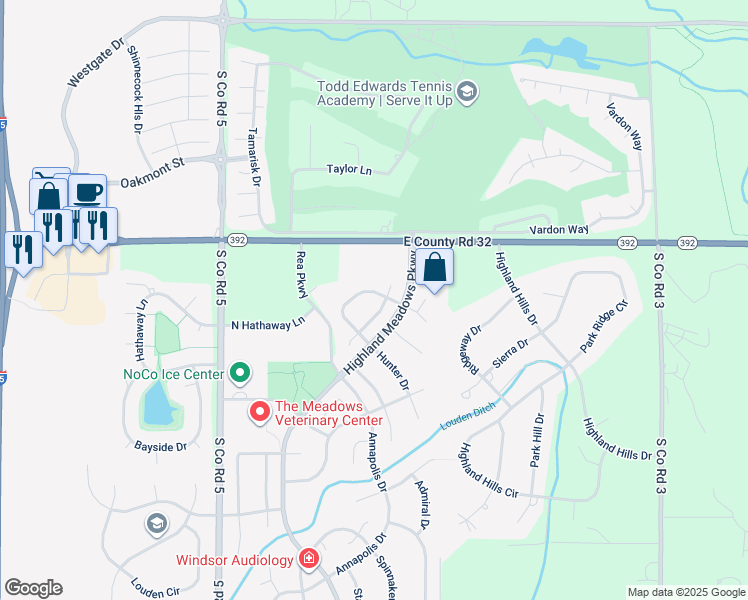 map of restaurants, bars, coffee shops, grocery stores, and more near 5375 Promontory Circle in Windsor