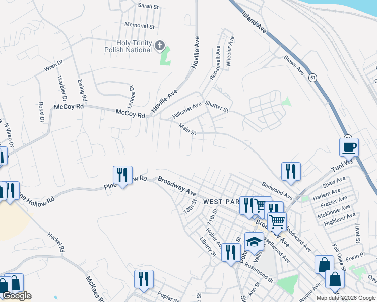 map of restaurants, bars, coffee shops, grocery stores, and more near 411 Phillips Avenue in McKees Rocks