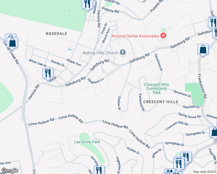 map of restaurants, bars, coffee shops, grocery stores, and more near 125 Cristie Drive in Verona