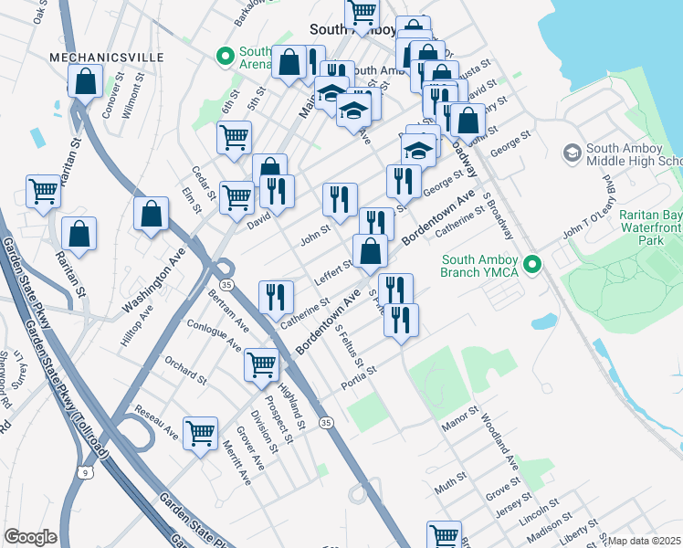 map of restaurants, bars, coffee shops, grocery stores, and more near 417 Leffert Street in South Amboy