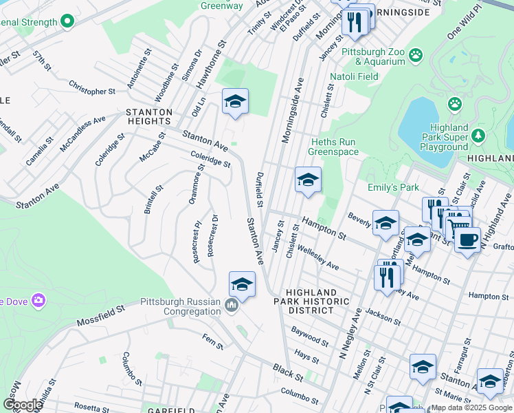 map of restaurants, bars, coffee shops, grocery stores, and more near 1035 Duffield Street in Pittsburgh