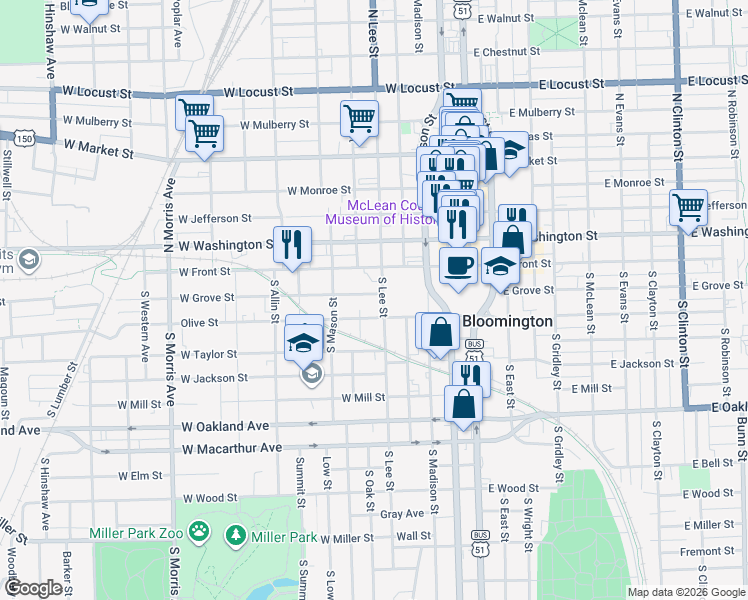 map of restaurants, bars, coffee shops, grocery stores, and more near 504 West Grove Street in Bloomington