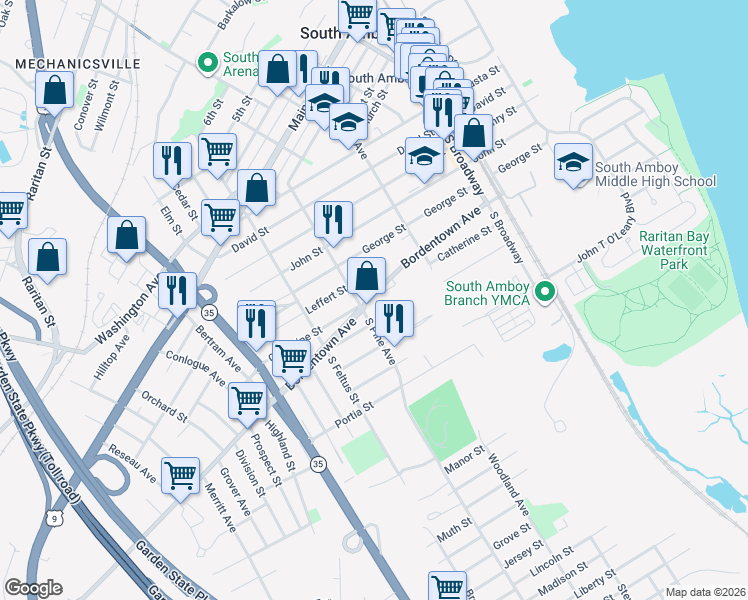 map of restaurants, bars, coffee shops, grocery stores, and more near 359 Catherine Street in South Amboy