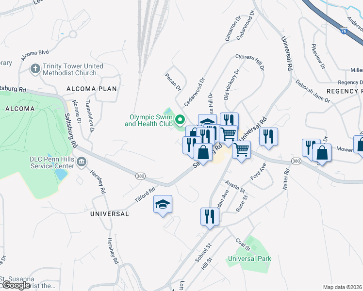map of restaurants, bars, coffee shops, grocery stores, and more near 143 Oak Manor Place in Penn Hills