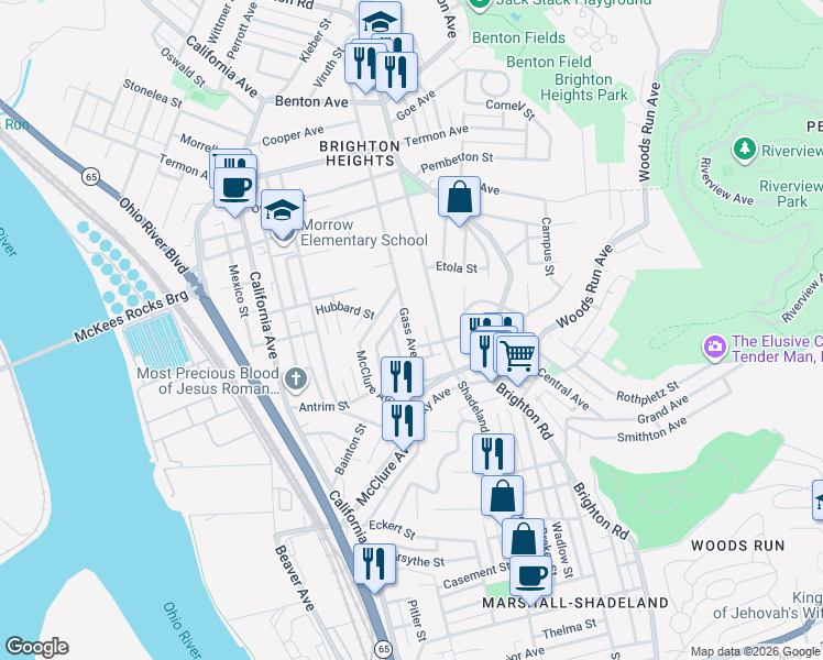 map of restaurants, bars, coffee shops, grocery stores, and more near 3416 Gass Avenue in Pittsburgh