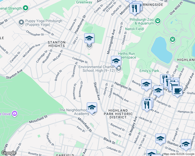map of restaurants, bars, coffee shops, grocery stores, and more near 1035 Duffield Street in Pittsburgh