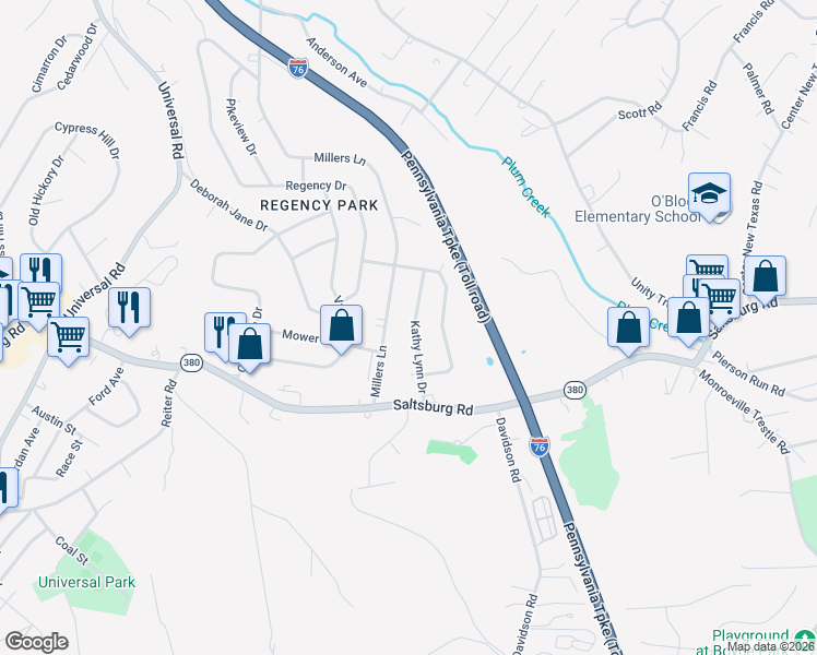 map of restaurants, bars, coffee shops, grocery stores, and more near 423 Kathy Lynn Drive in Plum