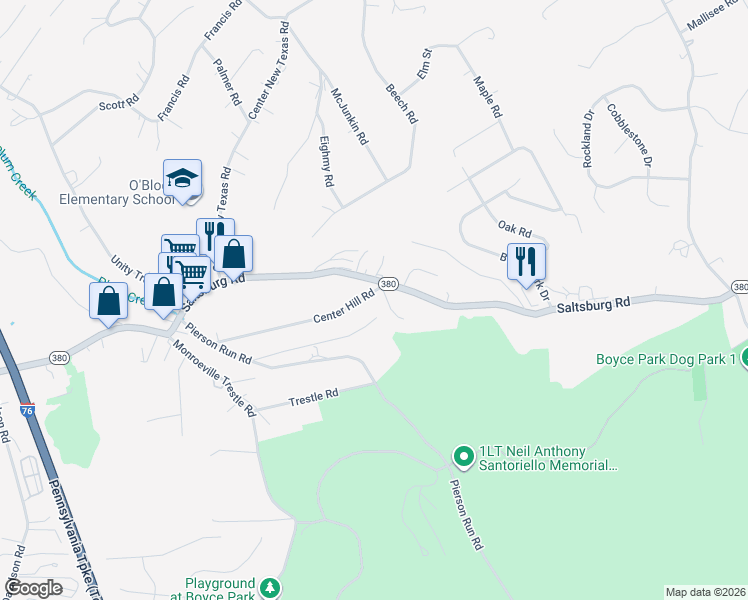 map of restaurants, bars, coffee shops, grocery stores, and more near 572 Center Hill Road in Pittsburgh