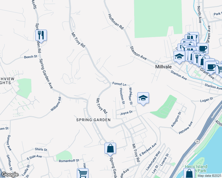 map of restaurants, bars, coffee shops, grocery stores, and more near 2900 Mount Troy Road in Pittsburgh
