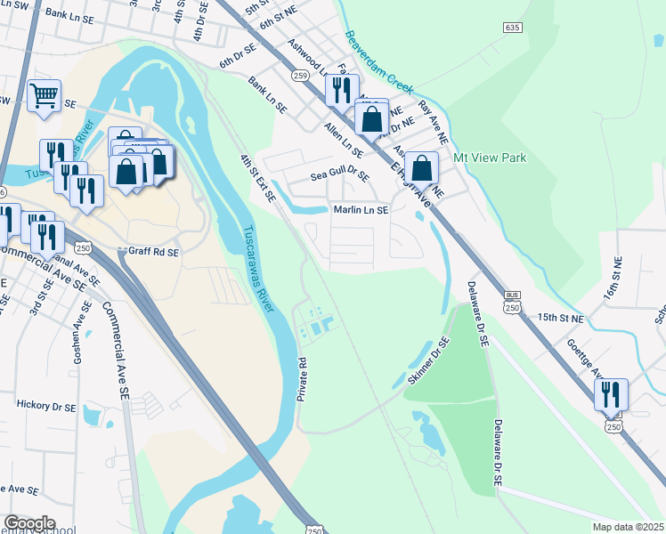 map of restaurants, bars, coffee shops, grocery stores, and more near 600 Sandpiper Drive Southeast in New Philadelphia