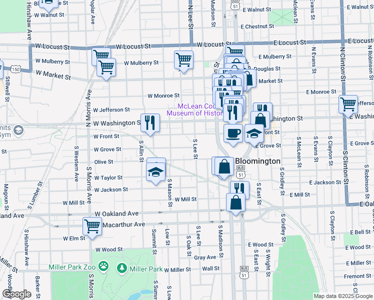map of restaurants, bars, coffee shops, grocery stores, and more near 508 West Grove Street in Bloomington