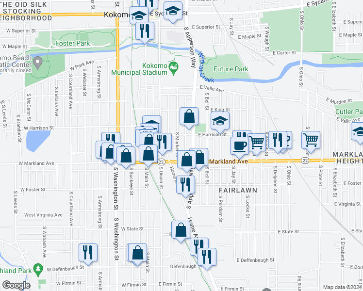 map of restaurants, bars, coffee shops, grocery stores, and more near 903 South Market Street in Kokomo