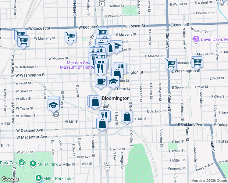 map of restaurants, bars, coffee shops, grocery stores, and more near 201 East Grove Street in Bloomington