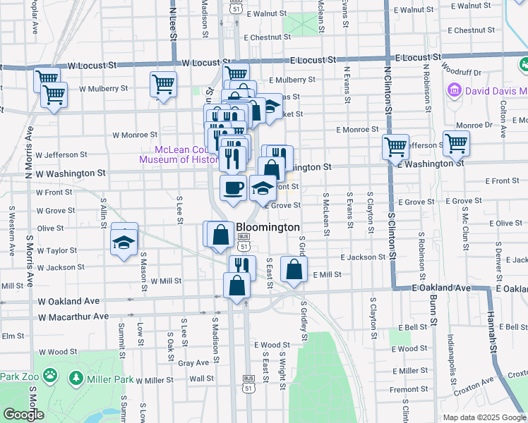 map of restaurants, bars, coffee shops, grocery stores, and more near 201 East Grove Street in Bloomington