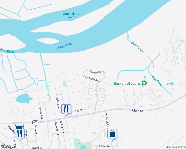map of restaurants, bars, coffee shops, grocery stores, and more near 3 Concord Square in Sayreville