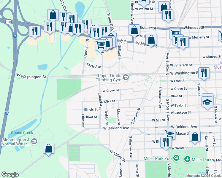 map of restaurants, bars, coffee shops, grocery stores, and more near 1409 1/2 West Grove Street in Bloomington