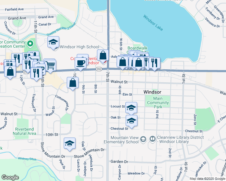 map of restaurants, bars, coffee shops, grocery stores, and more near 616 Elm Street in Windsor