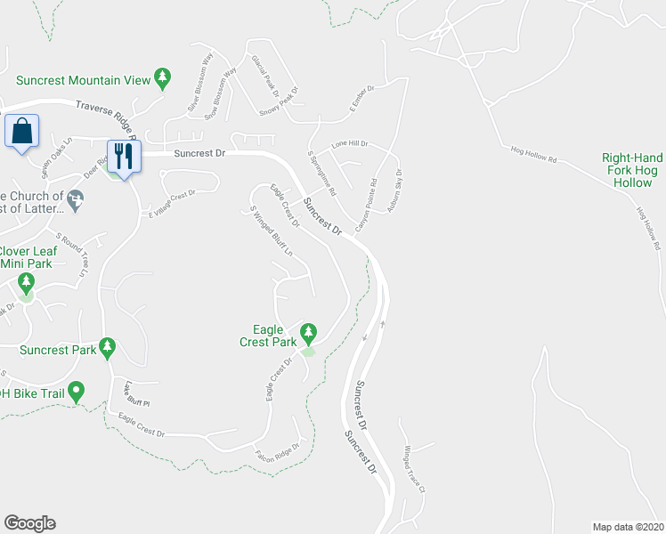 map of restaurants, bars, coffee shops, grocery stores, and more near 15082 Eagle Crest Drive in Draper