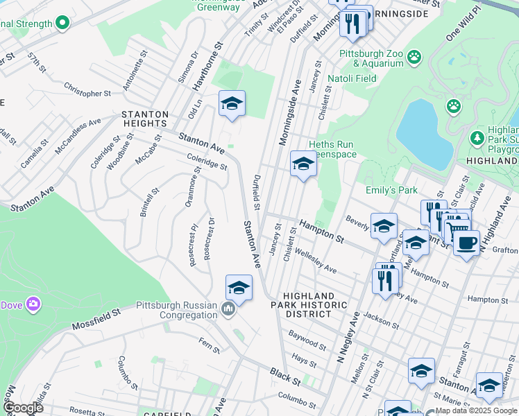 map of restaurants, bars, coffee shops, grocery stores, and more near 1036 Duffield Street in Pittsburgh