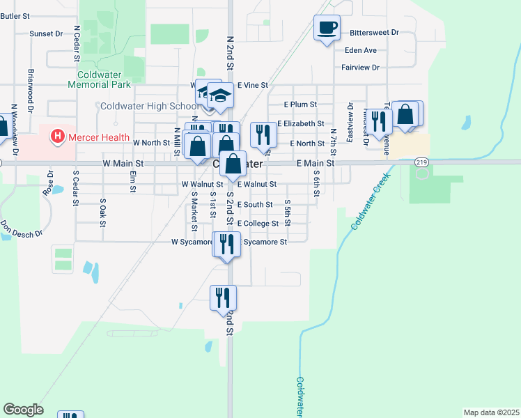 map of restaurants, bars, coffee shops, grocery stores, and more near 211 East South Street in Coldwater