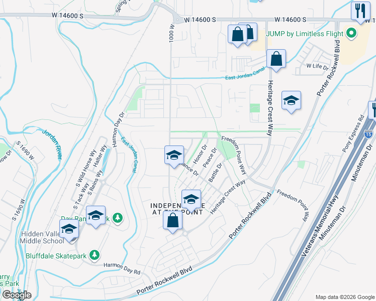 map of restaurants, bars, coffee shops, grocery stores, and more near Pledge Drive in Riverton