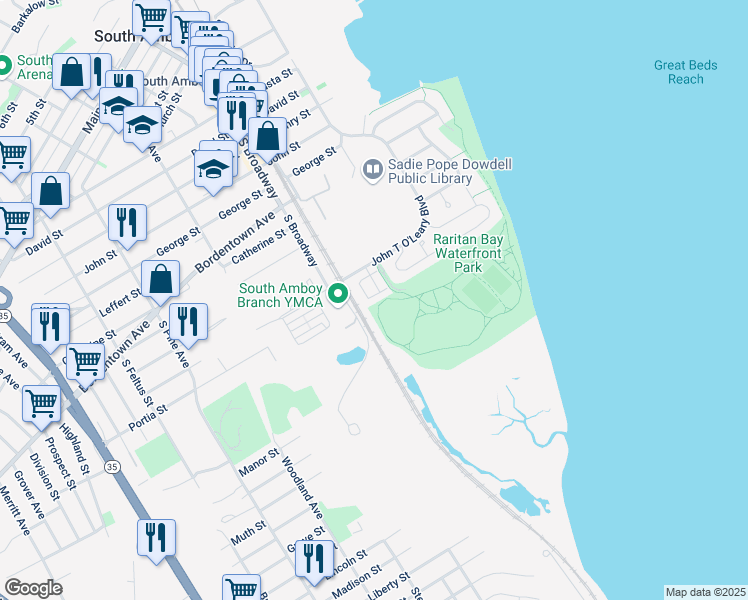 map of restaurants, bars, coffee shops, grocery stores, and more near 604 Bayside Court in South Amboy