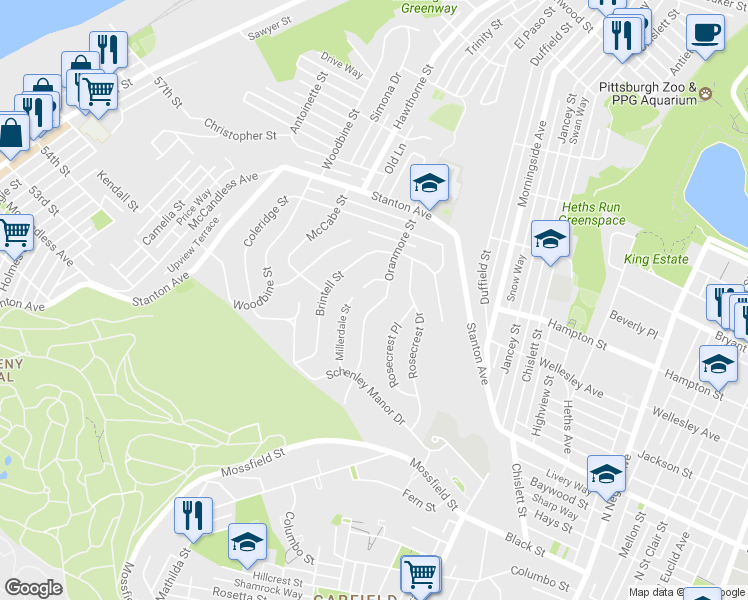 map of restaurants, bars, coffee shops, grocery stores, and more near 993 Oranmore Street in Pittsburgh