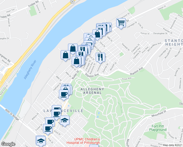 map of restaurants, bars, coffee shops, grocery stores, and more near 5114 Keystone Street in Pittsburgh