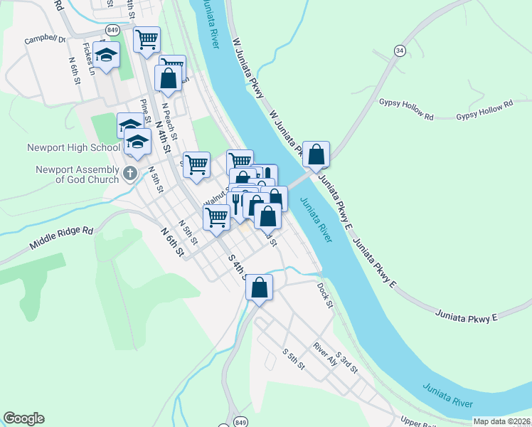 map of restaurants, bars, coffee shops, grocery stores, and more near in Newport