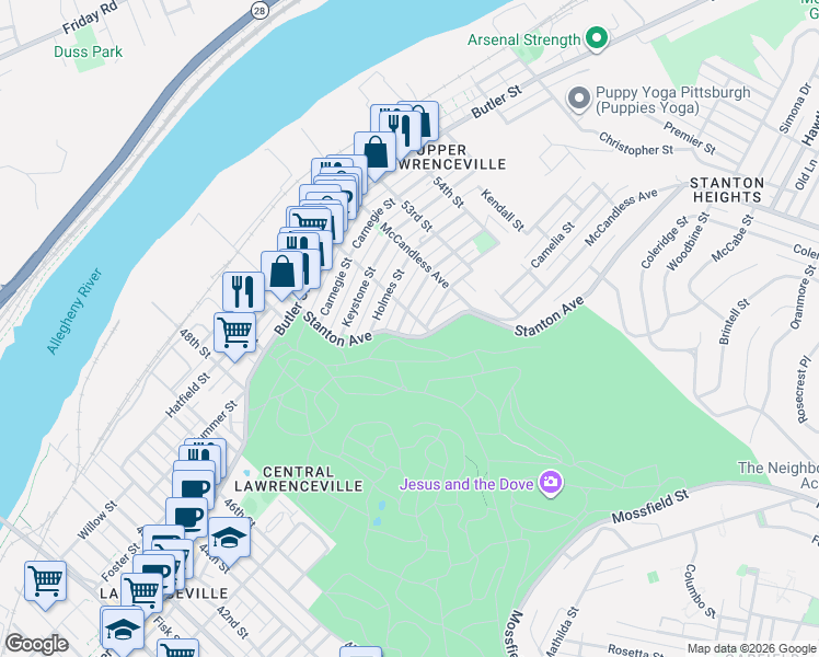 map of restaurants, bars, coffee shops, grocery stores, and more near 5181 Stanton Avenue in Pittsburgh