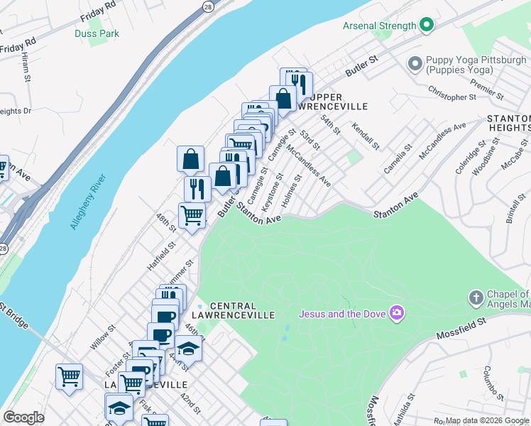 map of restaurants, bars, coffee shops, grocery stores, and more near 5101 Holmes Street in Pittsburgh