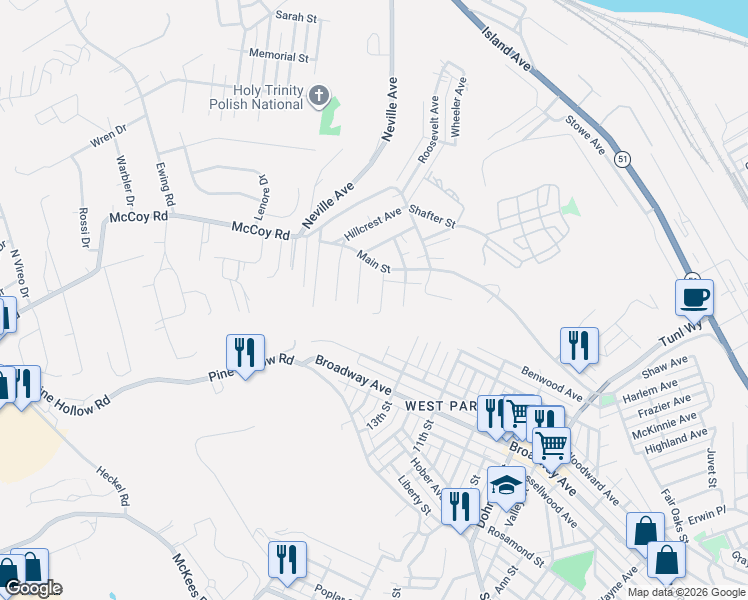 map of restaurants, bars, coffee shops, grocery stores, and more near 411 Phillips Avenue in McKees Rocks