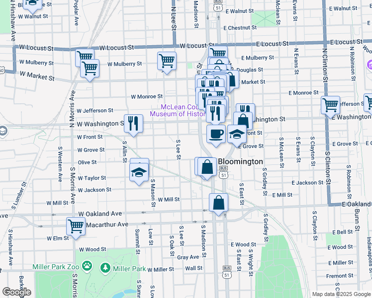 map of restaurants, bars, coffee shops, grocery stores, and more near 201 South Roosevelt Avenue in Bloomington