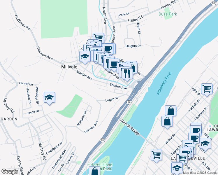 map of restaurants, bars, coffee shops, grocery stores, and more near 6 Goodwin Alley in Pittsburgh