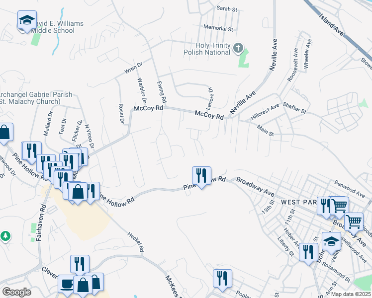 map of restaurants, bars, coffee shops, grocery stores, and more near 102 Colonial Drive in McKees Rocks