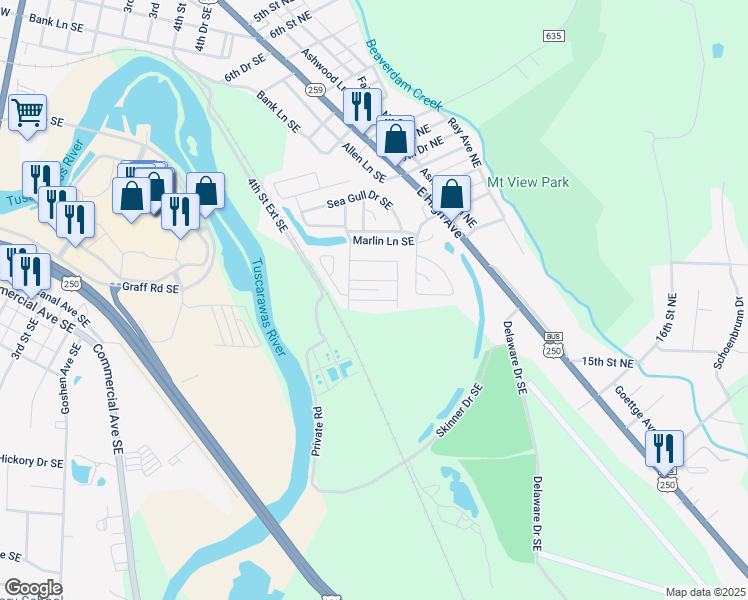 map of restaurants, bars, coffee shops, grocery stores, and more near 600-698 Sandpiper Dr SE in New Philadelphia