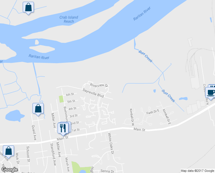 map of restaurants, bars, coffee shops, grocery stores, and more near 1 Sierra Court in Sayreville