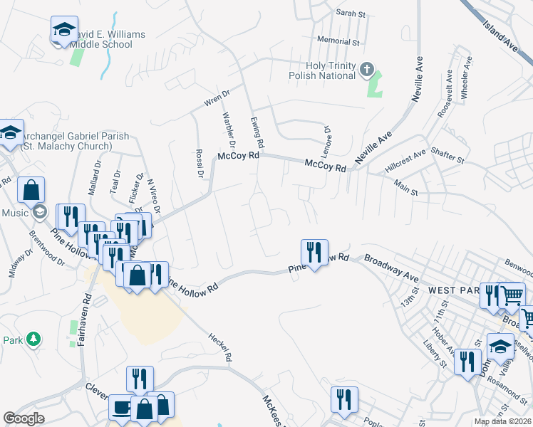 map of restaurants, bars, coffee shops, grocery stores, and more near 36 Kennedy Lane in McKees Rocks