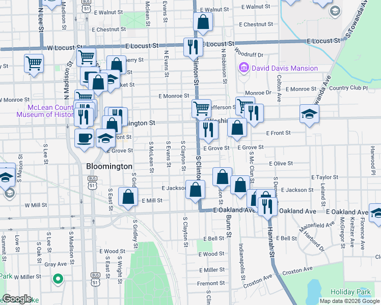 map of restaurants, bars, coffee shops, grocery stores, and more near 705 East Grove Street in Bloomington