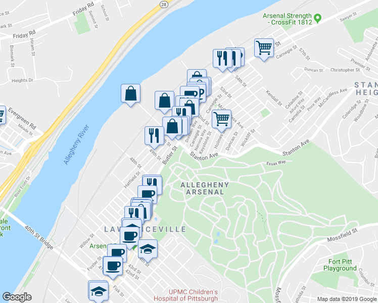map of restaurants, bars, coffee shops, grocery stores, and more near Stanton Ave & Carnegie St in Pittsburgh