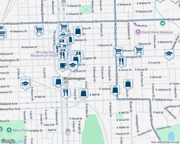 map of restaurants, bars, coffee shops, grocery stores, and more near in Bloomington