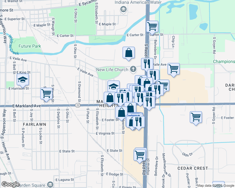 map of restaurants, bars, coffee shops, grocery stores, and more near 910 South Cooper Street in Kokomo