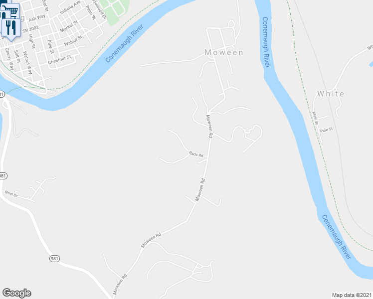 map of restaurants, bars, coffee shops, grocery stores, and more near 127 Rads Road in Saltsburg