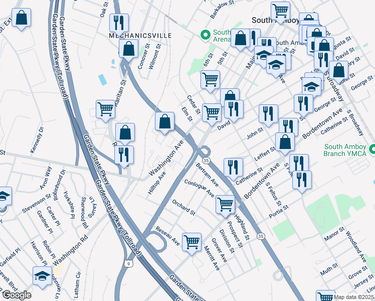 map of restaurants, bars, coffee shops, grocery stores, and more near 826 Main Street in South Amboy
