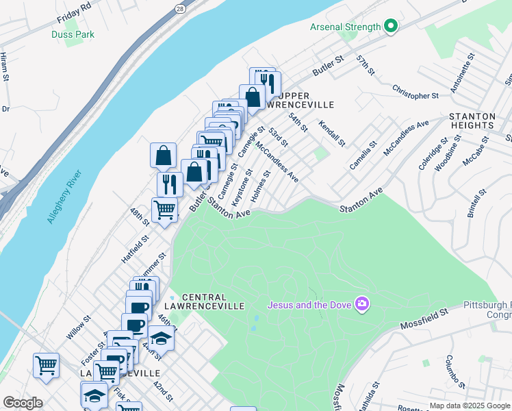 map of restaurants, bars, coffee shops, grocery stores, and more near 5101 Holmes Street in Pittsburgh