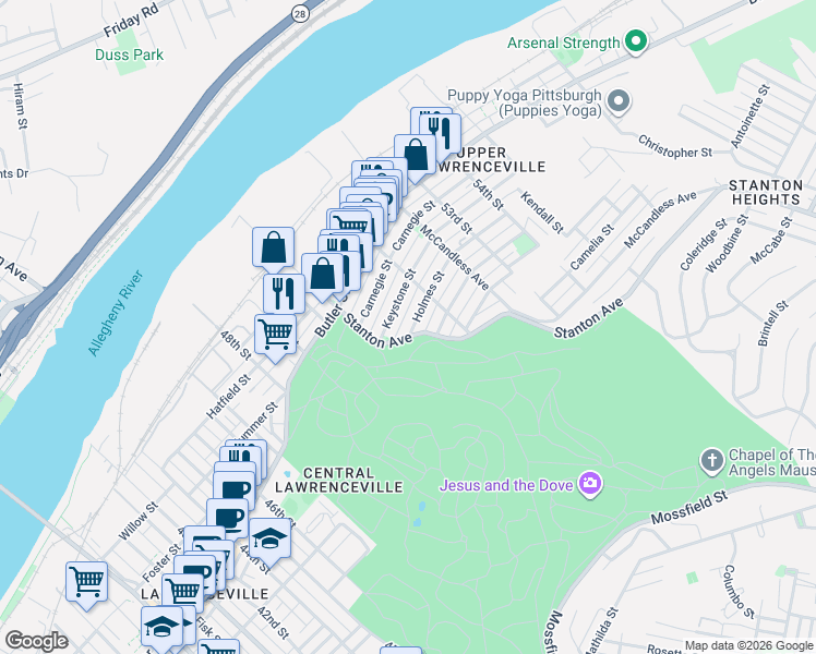 map of restaurants, bars, coffee shops, grocery stores, and more near 5101 Holmes Street in Pittsburgh