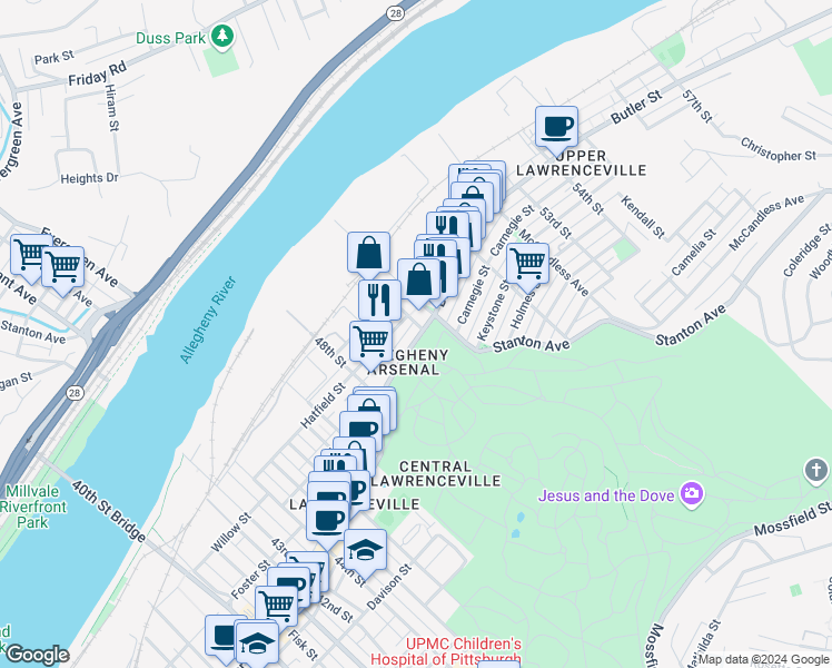 map of restaurants, bars, coffee shops, grocery stores, and more near in Pittsburgh