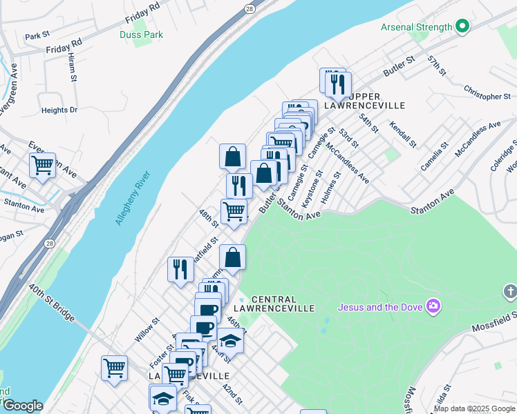 map of restaurants, bars, coffee shops, grocery stores, and more near in Pittsburgh